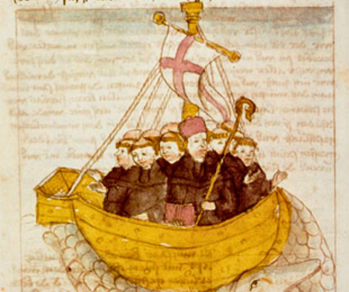 A medieval manuscript illustration depicts St. Brendan and his monks on a boat, sailing atop a sea creature.