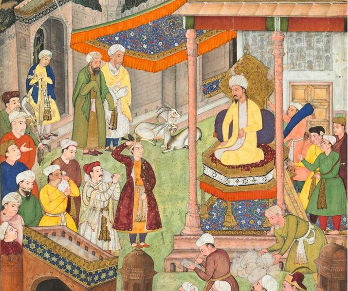 Mughal court scene showing Emperor Babur on a throne as attendants present tribute and Humayun salutes after a military victory.