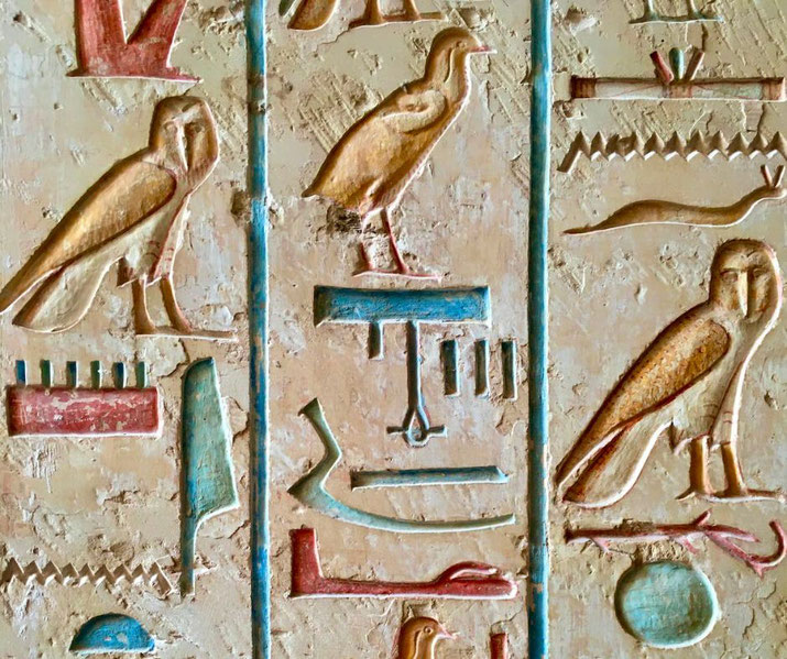 Colorful ancient Egyptian hieroglyphs carved into a stone surface, featuring birds, snakes, and symbols in red, blue, and yellow, separated by vertical lines in a structured arrangement.