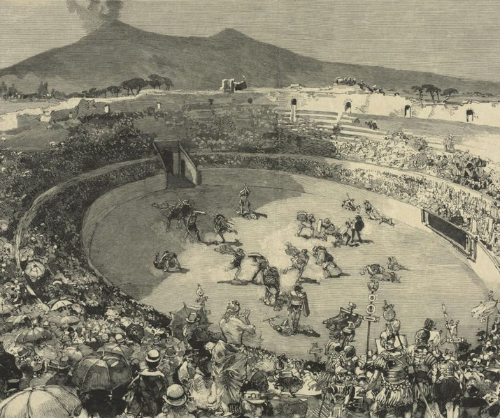 An old engraving of a gladiator fight in Pompeii's amphitheater, with a cheering crowd. Mount Vesuvius looms in the background, hinting at the city's tragic fate.