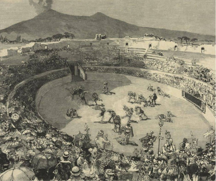 An old engraving of a gladiator fight in Pompeii's amphitheater, with a cheering crowd. Mount Vesuvius looms in the background, hinting at the city's tragic fate.