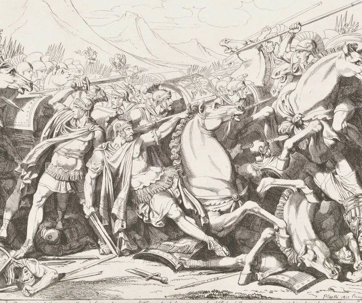 Scipio Africanus rescues his wounded father during battle, depicted amidst intense combat.