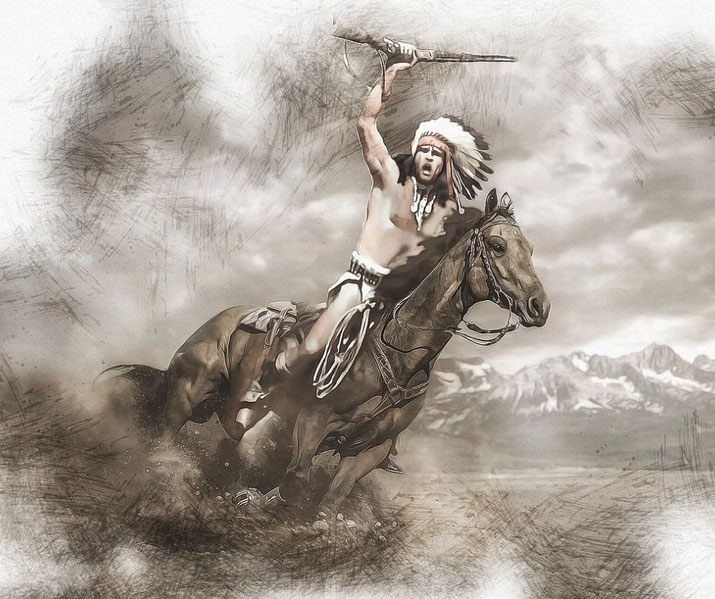 Digitally stylized image of a Native American warrior riding a galloping horse, raising a rifle, with mountains in the background.
