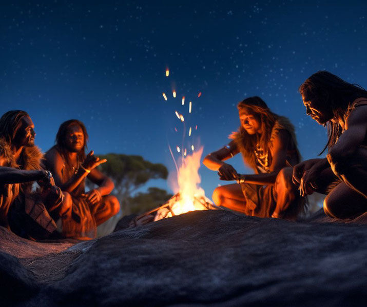 Indigenous Australians sharing Dreamtime stories around a campfire under a starry night