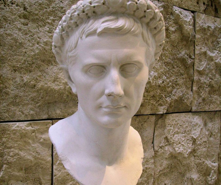 White marble bust of a Roman man with short hair and a laurel wreath, set against a textured stone wall.