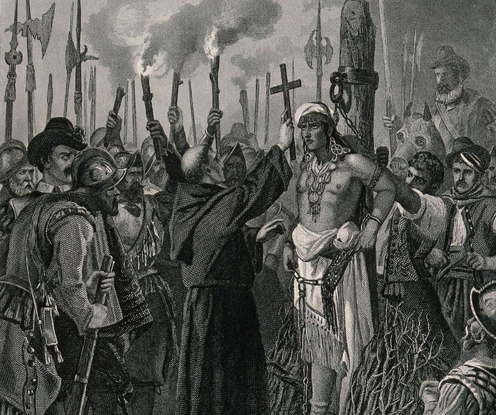 A historical engraving depicts the execution of an Indigenous leader, likely Atahualpa, by Spanish conquistadors. A priest holds up a cross as soldiers surround the bound man, with torches and weapons raised.
