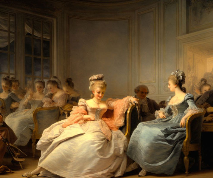 A salon scene in Paris, where intellectuals and aristocrats gather to discuss Enlightenment ideas