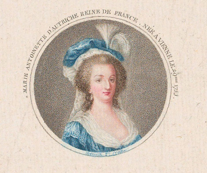 A delicate portrait of Marie Antoinette, Queen of France, wearing a blue and white gown with a matching ribbon and feathered hat. 