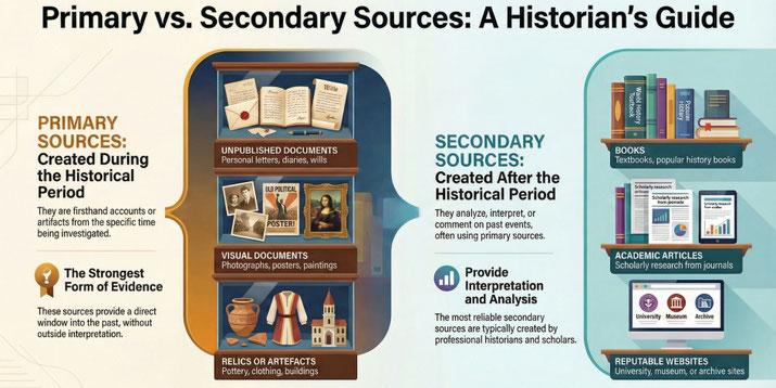 Infographic comparing primary and secondary sources, using bookshelves and icons to explain their features, types, and historical importance.