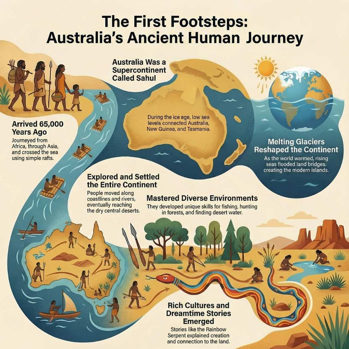 Early human migration to Australia depicted through rafts, landscapes, and Dreamtime stories, highlighting adaptation and settlement.