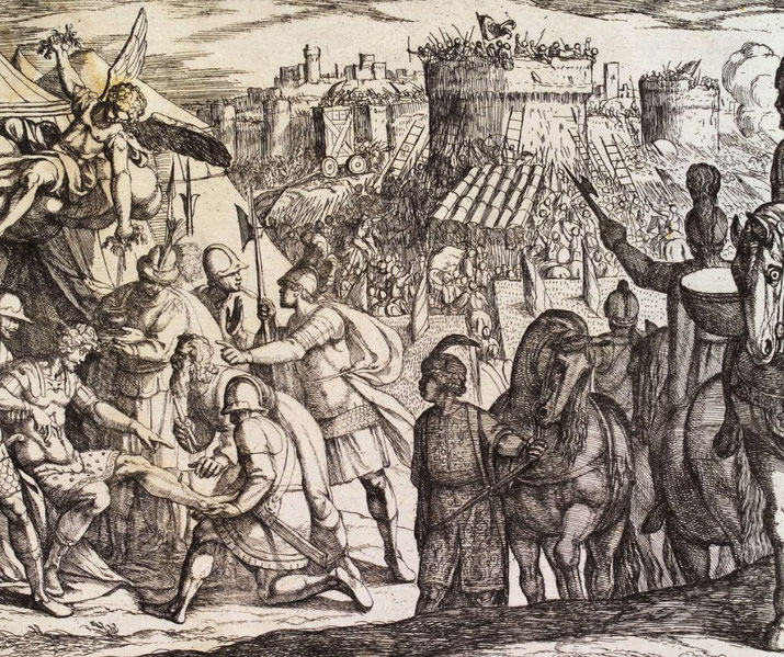A chaotic battle scene, with soldiers in armor and various military formations, while an angelic figure observes from above.