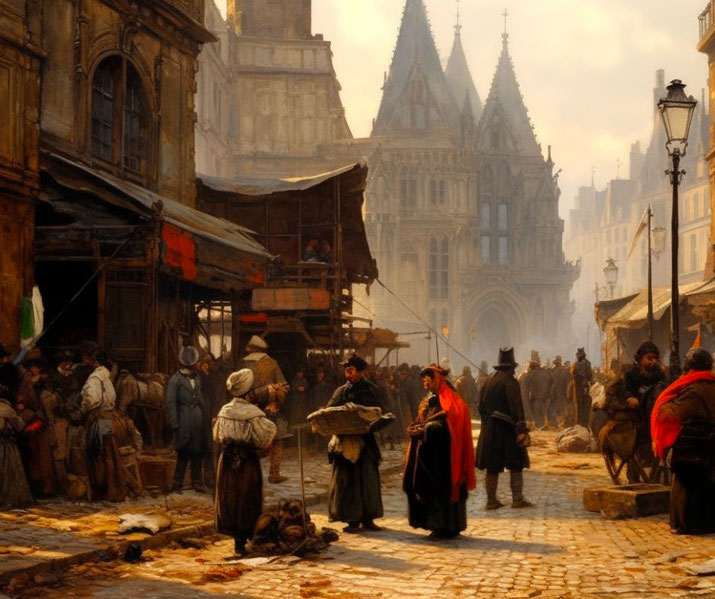 A bustling scene from pre-revolutionary Paris