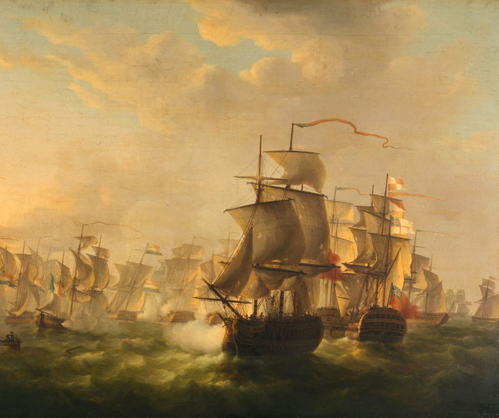 A naval battle between Dutch and British fleets. Warships engage in combat, firing cannons amid rough seas, with flags flying and smoke rising from the intense exchange.