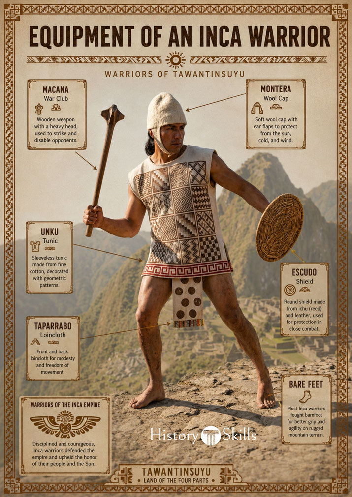 Inca warrior standing on a mountain ridge near Machu Picchu, carrying a war club and woven shield, with labeled clothing, weapons, and defensive equipment in an educational chart.