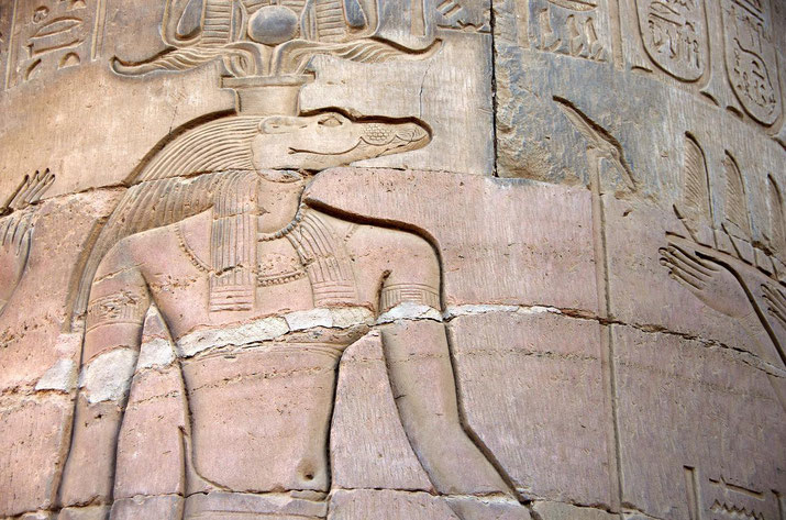 Ancient Egyptian wall carving of a crocodile-headed deity, featuring intricate lines and symbolic regalia etched into stone.