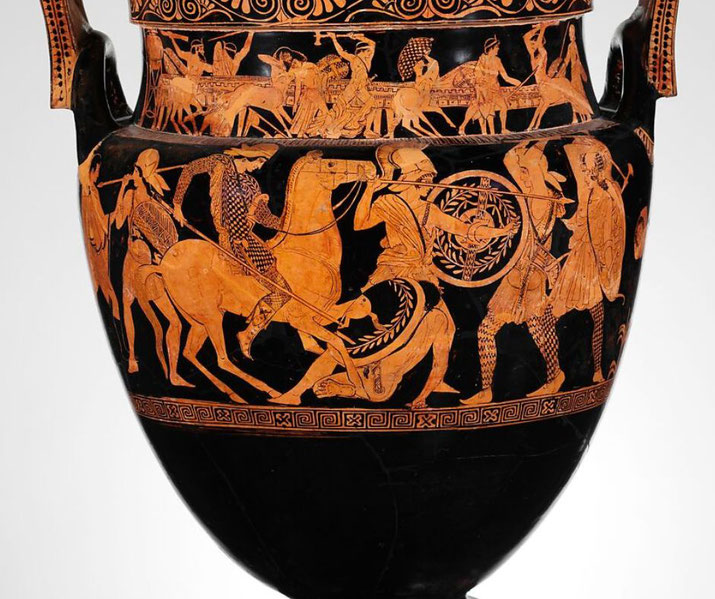 Ancient Greek red-figure volute-krater depicts a detailed battle scene with warriors, cavalry, and shields.