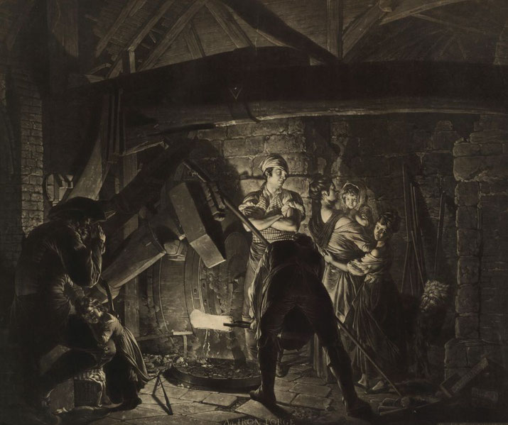 A dramatic black-and-white engraving of a blacksmith's forge shows workers and a distressed family. A woman with children pleads with a man, while another worker hammers metal. 