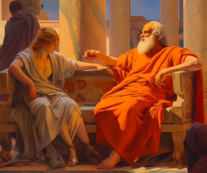 Socrates engaged in philosophical dialogue in the Athenian Agora