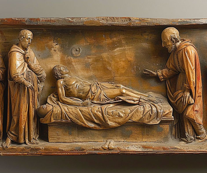 A detailed wooden relief depicting a solemn scene with two robed figures standing over a reclining man on a bed, likely representing a historical or religious moment, crafted with intricate artistry.