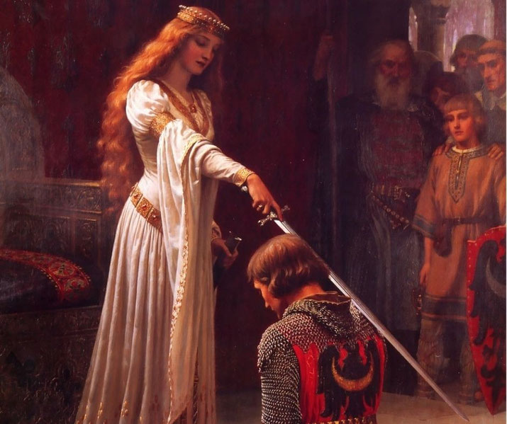 A romanticized medieval scene of a noblewoman knighting a kneeling knight in red and black armor. She holds a sword lightly on his shoulder, surrounded by onlookers in a grand hall.