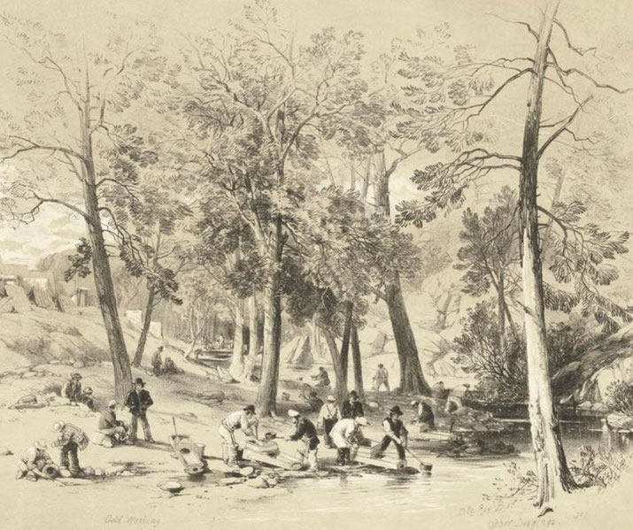An old illustration depicting gold prospectors panning and working in a river, surrounded by trees and makeshift camps.