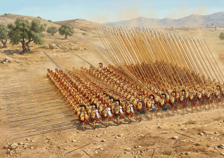 Illustration of a Macedonian phalanx advancing across a dry landscape, with ranks of hoplites carrying shields and long spears in a dense military formation.