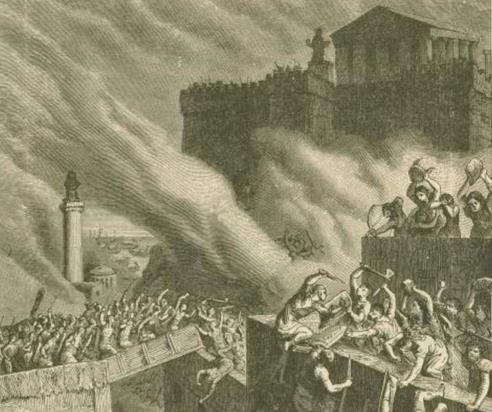 Engraving shows chaos as people storm a burning fortress, with others defending from above; smoke fills the sky and ancient structures appear in the background.