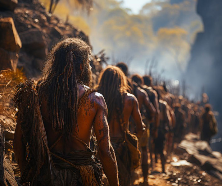 Indigenous Australians walking across Australia in the Stone Age