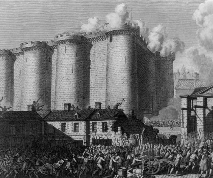 A historical engraving of the storming of the Bastille, showing a large crowd of revolutionaries attacking the fortress.