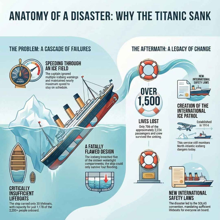 The infographic outlines key failures leading to the Titanic's sinking and highlights safety reforms that followed the disaster.