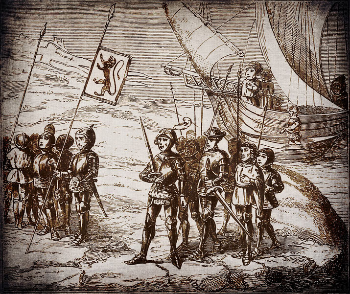 Medieval soldiers in armor stand on shore with spears and a lion-flag as a large ship prepares for departure behind them.