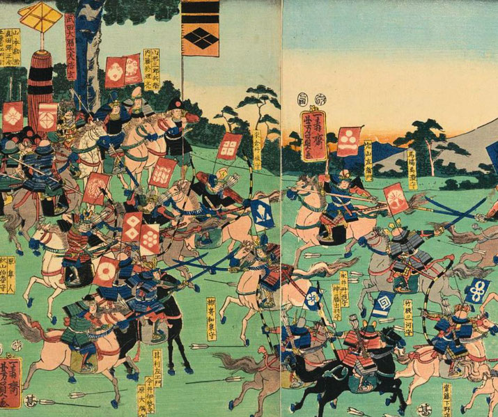 A vibrant ukiyo-e print depicts a fierce samurai battle on horseback, with warriors wielding spears and swords.