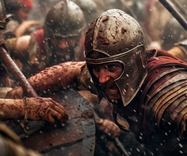 Roman soldier fighting in the rain