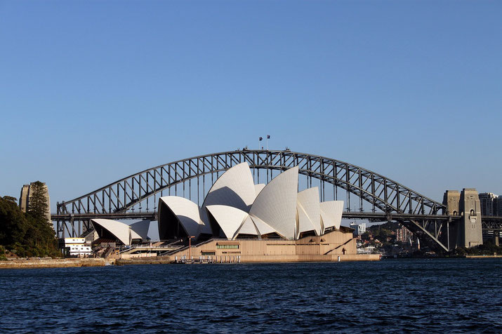 The Sydney Opera House stands before the Harbour Bridge under a clear blue sky, viewed from the water.