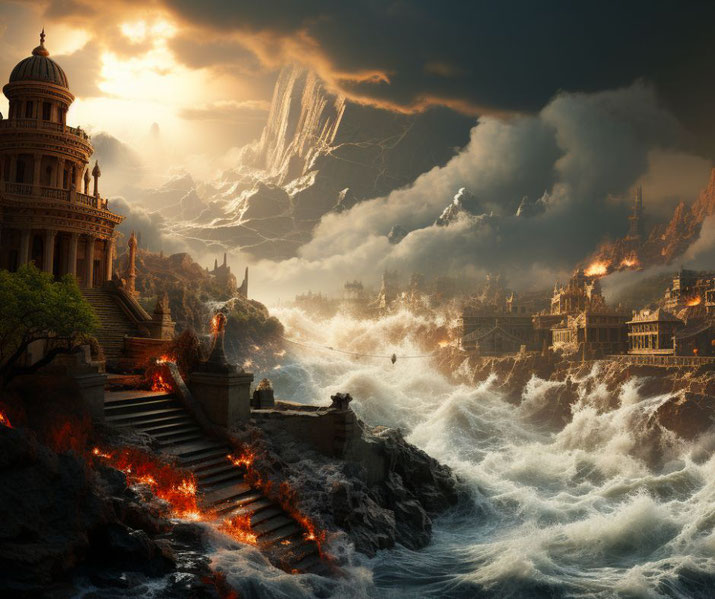 Destruction of Atlantis by earthquake and waves