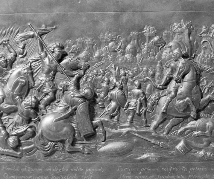 The Battle of Zama, showing Roman and Carthaginian soldiers clashing.