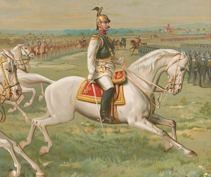 A historical illustration depicts a regal military leader on a white horse, wearing an ornate uniform and a helmet with an eagle emblem.