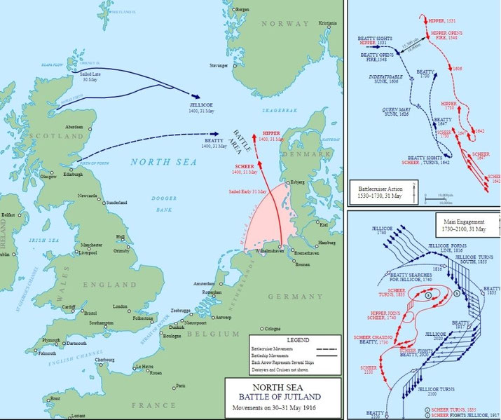 A detailed map showing British and German fleet movements during the Battle of Jutland (30–31 May 1916), with inset diagrams of key battle phases and ship positions.