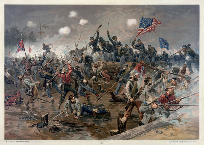 Intense battle scene from the Civil War's Battle of Spotsylvania, showing Union and Confederate soldiers engaged in brutal hand-to-hand combat with flags raised.