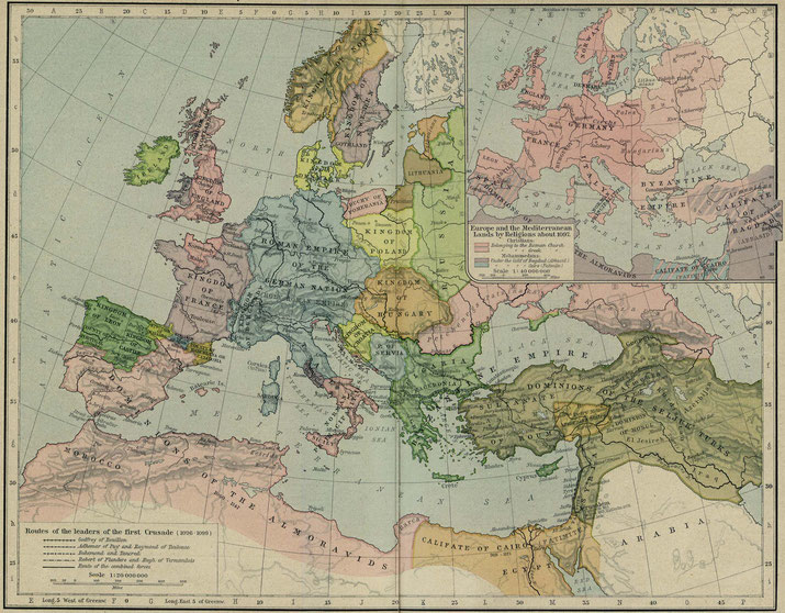 A historical map of Europe and the Mediterranean around 1092, showing religious boundaries and routes of the First Crusade with various kingdoms and empires labeled.
