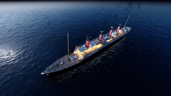 A digitally rendered view of the Titanic sailing on a calm ocean, illuminated by glowing lights with smoke rising from its iconic red and black funnels under a clear sky.