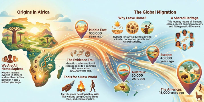 An illustrated map shows human migration from Africa across the globe, with timeline markers and icons highlighting genetic evidence, tools, and global ancestry.