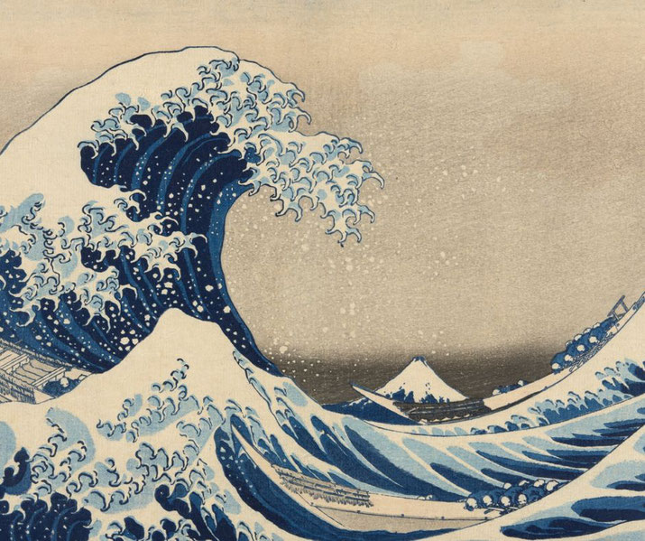 A famous ukiyo-e print, The Great Wave off Kanagawa by Hokusai, depicts a towering wave with curling foam threatening boats, while Mount Fuji stands calmly in the background.
