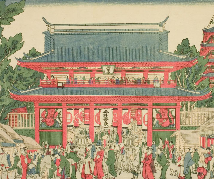 A vibrant ukiyo-e print depicts a grand red temple gate bustling with people. The multi-tiered structure features intricate details, guardian statues, and a lively crowd engaged in worship and daily activities.