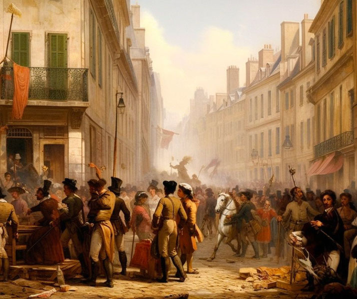 A bustling Parisian street in the late 18th century