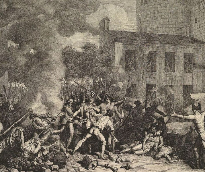 A dramatic black-and-white engraving depicting a violent battle scene, likely from a historical revolution. Armed revolutionaries clash amid smoke, fallen soldiers, and destruction, with intense expressions of struggle and defiance.