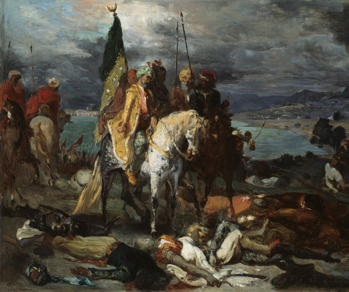 A mounted leader in ornate robes surveys a battlefield strewn with fallen soldiers under a stormy sky, flanked by armed riders.