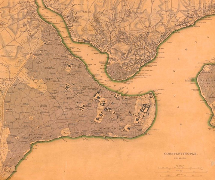 Map of the city of Constantinople (modern-day Istanbul), with detailed outlines of neighborhoods, streets, and landmarks along the coastline.