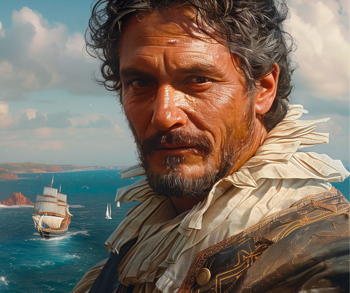 A rugged, weathered explorer in period attire, gazing intensely. Behind him, a sailing ship navigates choppy blue waters near a rocky coastline under a partly cloudy sky.