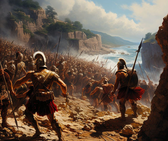 A battle scene between Greek hoplite warriors